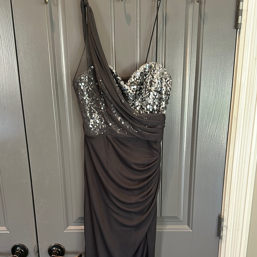 Xscape Silver Sequin One Shoulder Gown